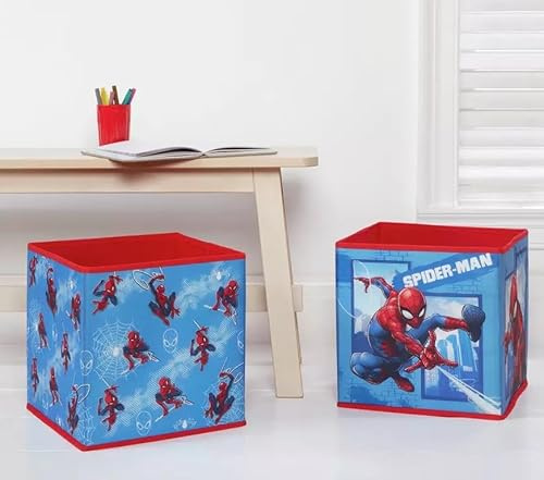 Disney Spider-Man Storage Boxes for Kids – Pack of 2 Foldable Fabric Toy Boxes – 30x30x30cm Cube Organisers – Collapsible Marvel Storage for Bedroom, Playroom or Shelving Units