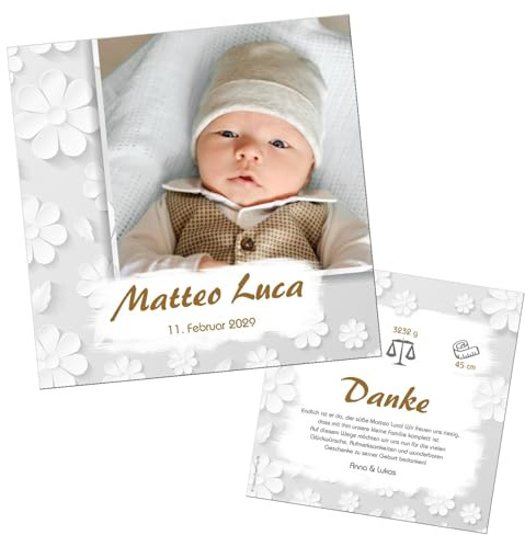 Retro Blumen Baby Aussergewöhnliche Dankeskarten zur Geburt, mit Foto | Text wird personalisiert, als digitale Datei (JPG) oder gedruckt auf 350gr Feinstkarton, 1 - 100 Stück