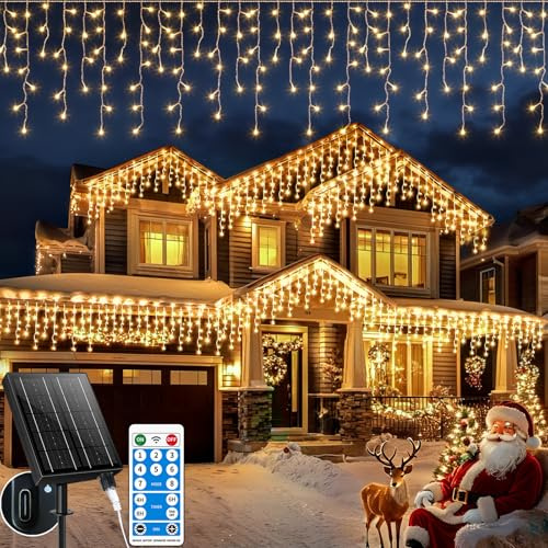 Holwim 660LED Solar Eisregen Lichterkette, 20+5M Erweiterbar Lichtervorhang mit IP65 8 Modi, Timer, Memory-Funktion Weihnachtsbeleuchtung für Innen Außen Weihnachten Deko Dach Balkon (Warm)