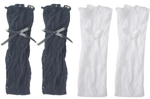 JchEnye 2er Set Spitze Armstulpen Damen - Schwarz & Weiß, 50cm Nylon (Hohe Elastizität), Retro Party Brautarmbänder