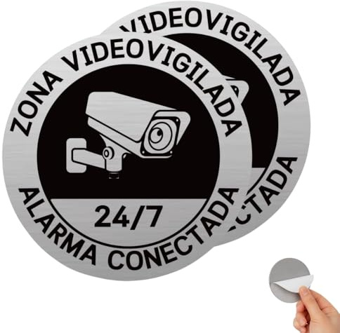 Señal Autoadhesiva de Aluminio Zona Videovigilada 24/7 Ø100 mm – Placa Redonda 0,8 mm – Pack 2 – Cartel Alarma Conectada y Videovigilancia Disuasoria