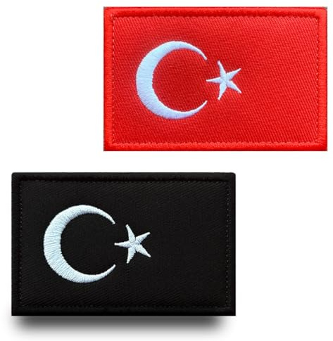 2 Stück Türkei Türkiye Flagge Patches Stickerei Hook and Loop Emblem Taktische Abzeichen Militär Moral-Patches für Kleidung Biker Baseballkappe Mützen Rucksäcke Uniform Weste (Schwarz Rot)