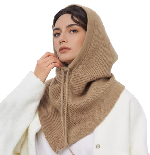 Peicees Oversized Balaclava with Large Shawl Knitted Hooded Scarf Beanie Hat Womens Winter Drawstring Neck Gaiter Fashion XXL Camel