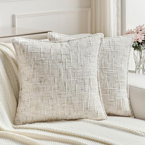 FUTEI Set of 2 Tweed Chenille 45cm x 45cm Cushion Covers Micro-Check Textured Scatter Throw Pillow Covers 45 x 45 cm Modern Accent for Sofa Bed Living Room, Cream