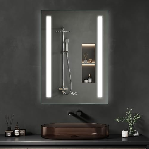 Archaluxe Badspiegel mit Beleuchtung 50x70cm : LED-Badezimmerspiegel Badezimmer-Spiegel mit Beschlagfrei,Touch-Schalter, Dimmbar, 3 Lichtfarben Entfoggen Led-Spiegel-Bad für Badezimmer