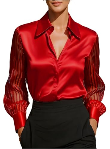 Silk Blouses For Women Uk Satin Shirts Button Down Shirt Casual Loose Long Sleeve Office Work Tunic Tops, S-2Xl
