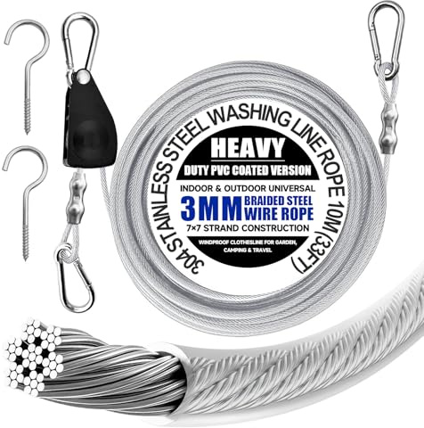 304 Stainless Steel Washing Line Rope 10m (33ft) – Heavy Duty Indoor & Outdoor Clothes Line with PVC Coating, 3mm 7x7 Braided Wire, Windproof Clothesline for Garden, Camping & Travel