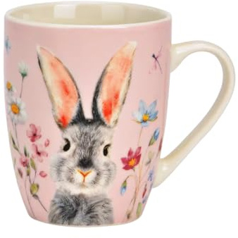 Tasse de printemps lapin avec fleurs - Tasse à café en porcelaine - 360 ml - Jolie tasse avec motif animal - Cadeau pour femmes, enfants et amoureux des animaux - Tasse à café avec motif de lapin en