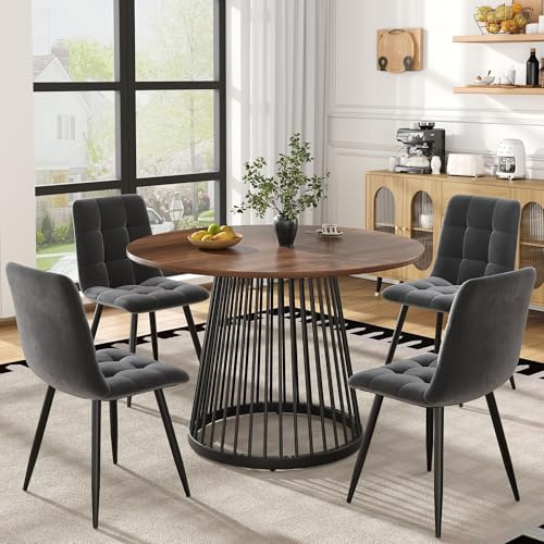 CelticHearth Juego de mesa de comedor de 5 piezas, mesa redonda de cocina de 80 cm de diámetro con 4 sillas de terciopelo, tablero MDF color nogal, patas metálicas negras, modernas