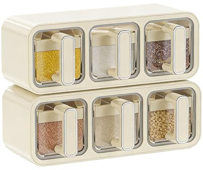 2-Pack 3-Grid Spice Box with Handle & Serving Spoon, Clear Spice Jars with Lids and Labels, Stackable Spice ContainersSalt Jar, Kitchen Storage Organizer (26.2 x 9.5 x 9.5cm, Transparent Plastic)