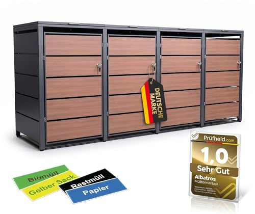 ALBATROS Mülltonnenbox 4er Holzdekor | Metall, 120-240L, abschließbar | Mülltonnenverkleidung Holzoptik, verzinktes Metall, wetterfest, ISO9227 geprüft, für 4 Mülltonnen, inkl. Aufkleber-Set