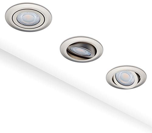 Oktaplex 3er Set LED Einbau Spot Paris 230V flach 5W 350lm 3000K | Warmweiß 3000K Ø 68mm - 74mm Lochbohrung Einbaustrahler Einbauspots Decke Nickel gebürstet