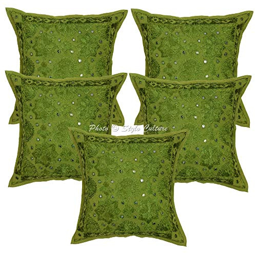 Stylo Culture Boho Fundas De Almohadones Decorativa 40x40 cm Algodón Espejado Forros para Cojines Sofa Verde Loro 16x16 Inch Bordado Cuadrado sobre Funda Cojin Cama - 5 Pcs