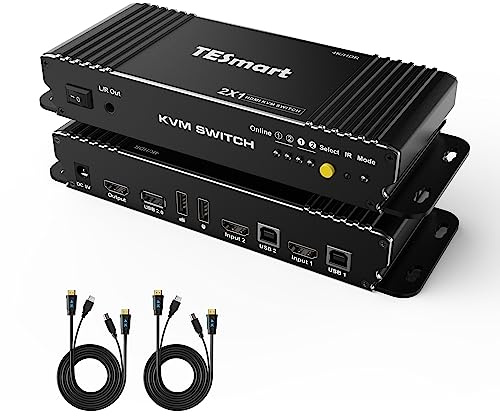 TESmart 2 Port HDMI KVM Switch 4K 3840x2160@60Hz 4:4:4 mit Tastatur und Maus Pass-Through 2 Stück 1,5m KVM Kabeln unterstützt USB 2.0 Geräte Steuerung von bis zu 2 Computern/Servern/DVRs-schwarz