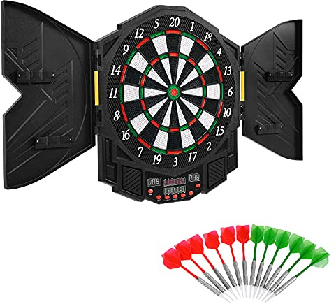 DREAMADE Elektronische Dartscheibe, Dartautomat E-Dartboard, LED-Dartspiel E-Dartscheibe mit 12 Pfeile, 27 Spielen und 216 Varianten für 1-8 Spieler