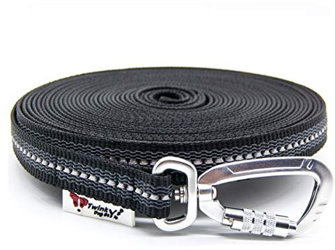 Twinkys Dog Style Schleppleine gummiert mit Sicherheitskarabiner 20 mm breit für Hunde bis 50 kg - OHNE Handschlaufe 7,5 Meter Schwarz Reflektierend Made in Germany