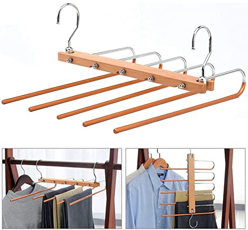Cintre Pantalon Gain de Place, 5 en 1 Magique Cintres en Bois, Cintres Pliables pour Adulte Foulard Jeans Cravate Écharpe