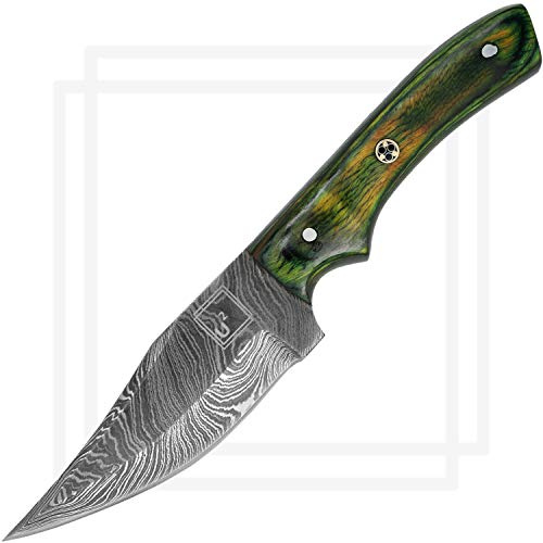 USQUARE UE-010, Cuchillo de Caza de Acero Damasco de 20,95 cm con Funda, Cuchillo de Hoja Fija, Cuchillo bushcraft, Mango de Madera Verde Pakka, Espiga Completa, desarrollado para Caza y Camping