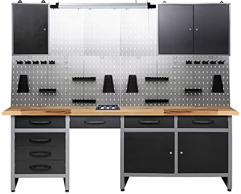 Ondis24 Werkstatt Werkstatteinrichtung 242cm Komplettset mit LED und Bluetooth Lautsprechern, inkl. versenkbare Steckdosenleiste grau Werkbank Werkzeugschrank Lochwand