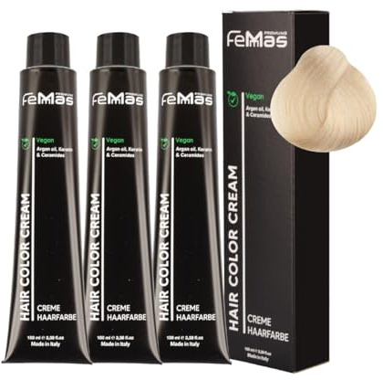 FemMas Hårfärg, intensiv platinablond 11.0 3x, professionell färgkräm med arganolja, keratin och ceramider, permanent färg eller toning, strålande resultat, 100 ml