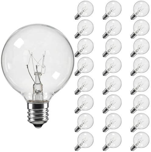 Pallerina 25 Pack G40 Light Bulbs Replacement,1.5 Inch 5 Watt Clear Globe Light Bulbs with E12/C7 Candelabra Base for Outdoor String Lights, Indoor Patio Garden Decor