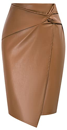Kate Kasin Zip Elegant Leather Pencil Skirts for Women Side Wrap Knot Knee Length High Waist Skirts Brown S