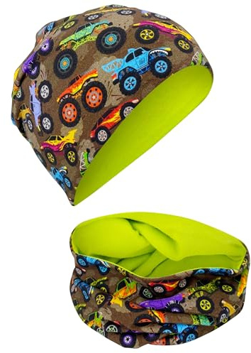HECKBO Monster Truck Beanie & Schal Set - 2-8 Jahre - 95% Baumwolle - Stretch - Jersey Stoff innen - Wintermütze Auto Design Handmade (48–54 cm)