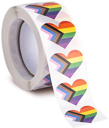 Pride Heart Stickers for LGBTQ Pride Parades and Events Rainbow Flag Heart Shaped Stickers on a Roll (1 Roll - 500 Stickers) (Progress)