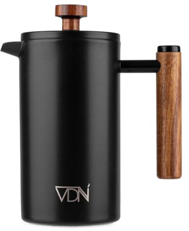 VDN French Press Edelstahl - Kaffeebereiter [700ml, 5-6 Tassen] - French Press Thermo [Doppelwandige Isolierung] - Kaffeepresse [mit 3-Fach-Filtersystem] in Schwarz