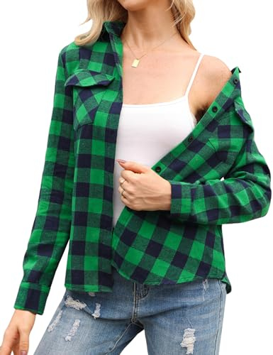 Irevial Camisa a cuadros Manga Larga Mujer Oficina Elegante Blusas | Botones Trabajo Camisetas, Cuello Pico Oficina Shirt Básico, Primavera, Otoño e Invierno