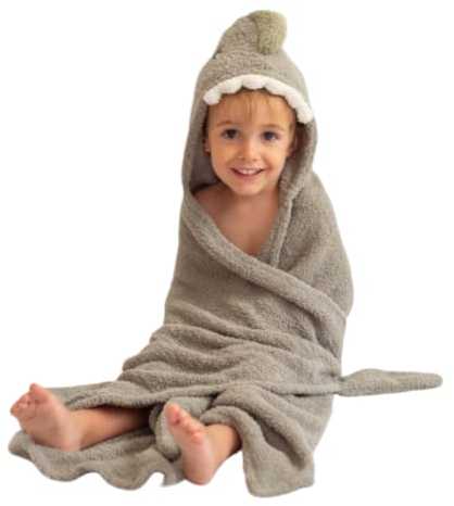CROCHETTS – Dino Kinderhandtuch 148x118 cm Grau | Kapuzenhandtuch Dinosaurier, weich, saugfähig und schnelltrocknend