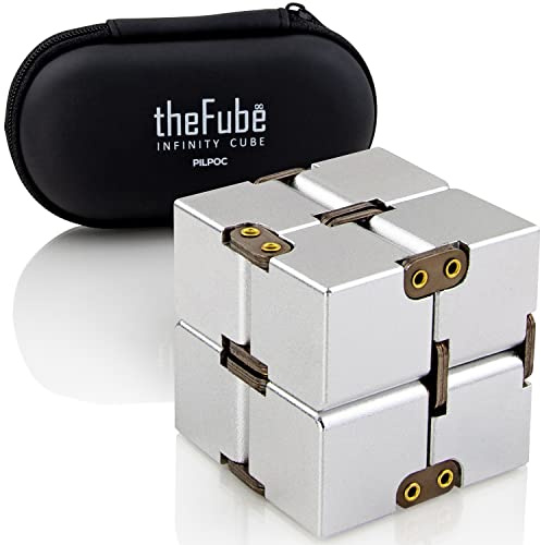 PILPOC theFube Infinity Cube Fidget, skrivbordsleksak - Magisk kub i högkvalitativ aluminium med exklusivt fodral, robust, tung, lindrar stress och ångest, för ADD, ADHD, OCD
