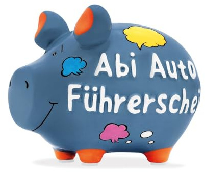 KCG Sparschwein Abi Auto Führerschein Spardose aus Keramik mit Gummi-Verschluss Kleinschwein 12,5 x 9 x 9 cm