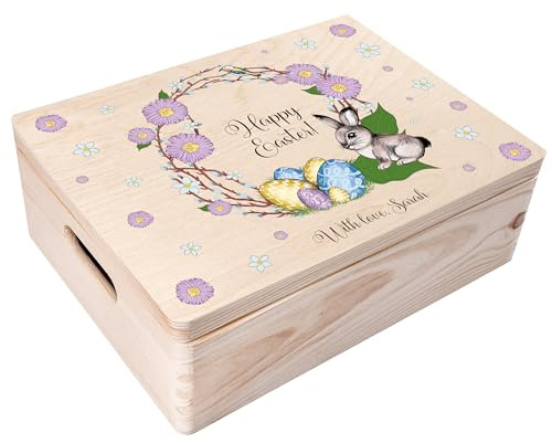 Creative Deco Personalisiert Ostern Deko Ostergeschenke mit Wunschtext/Namen | 40 x 30 x 14 cm | Osterhase Ei Motive | Geschenk Holzkiste mit Deckel Gravur | Osterndeko Kinder Geschenkkiste