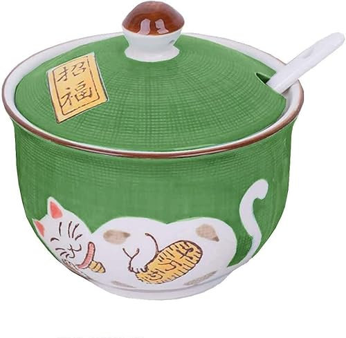 GImLY Pot de stockage de sel de bol de sucre de chat porte-bonheur japonais de céramique avec le couvercle et la cuillère