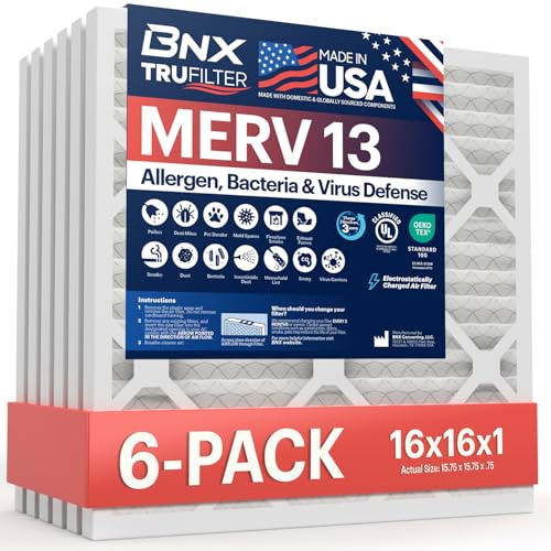 BNX TruFilter 16 x 16 x 1 Luftfilter MERV 13 (6er-Pack), hergestellt in den USA, elektrostatisch, plissiert, Klimaanlage, HVAC, AC-Ofenfilter für Allergien, Pollen, Schimmel, Bakterien, Rauch,