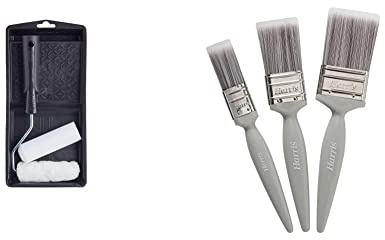 Harris 101092201 Essentials Mini Roller Set for Walls & Ceilings with Tray and Frame, 4” Emulsion & Gloss Roller Sleeves & Essentials Walls & Ceilings Paint Brushes, 3 Brush Pack, 1, 1.5, 2,Grey