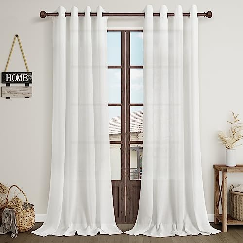 2 Panels White Curtains 90 Inch for Living Dining Room Grommet Lightweight Modern Farmhouse Boho Cotton Textured Linen Drape Ring Top Off White Semi Sheer Curtain 90 Inches Long for Bedroom Office