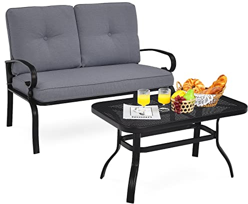 COSTWAY 2-Sitzer Gartenbank mit Couchtisch, Sitzbank mit Kissen, Balkonmöbel-Set, Gartengarnitur, Balkonset, Sitzgruppe für Garten, Balkon, Hof