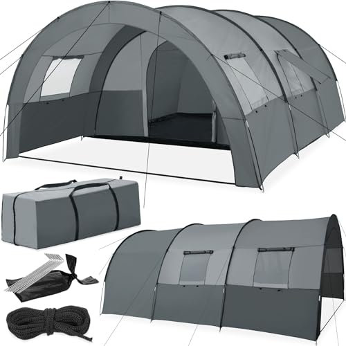 tectake® 6 Person Festival Tent - Water-Repellent Large Family Tunnel Tent with UV 50+ Protection, Mosquito Net - Lightweight Poles & Easy Assembly - Includes Awning & Carry Bag