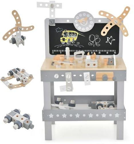 INFANS Tool Bench Set for Toddlers, Kids Wooden Workbench with Blackboard Construction Building Tools and 62 Accessories, Creative Realistic Pretend Play Workshop Gift for Boys Girls