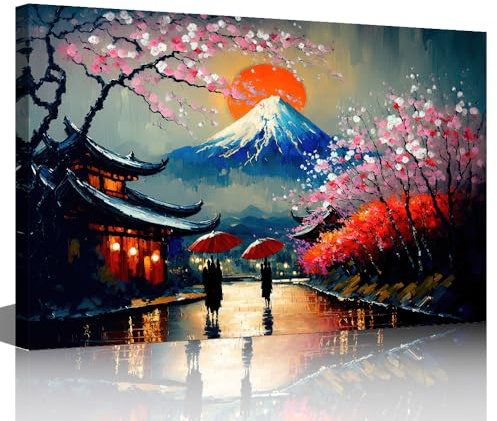 TISHIRON Fuji Mount – Peinture à l'huile sur toile encadrée et prête à être accrochée – Motif rue antique au Japon – 30,5 x 45,7 cm