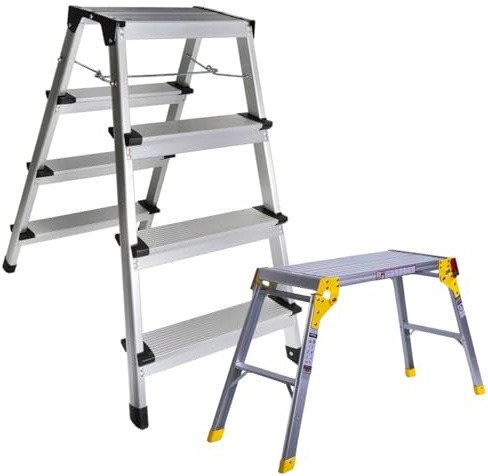 Excel AluminiumStoolLadder 4 Tread with Work Bench Folding HopUp 300mm - Aluminiumhopup, AluminiumStool, AluminiumLadder, Foldable Hopup, Portable hopup, Foldableladder