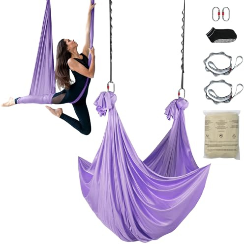VEVOR Hamaca aérea de yoga 4x2,8 m Kit de columpio de yoga con inversión de danza aérea Nylon 100 g/m² Carga 1000 kg Vuelo aéreo antigravedad para fitness Culturismo Pilates Gimnasio Estudio, Púrpura