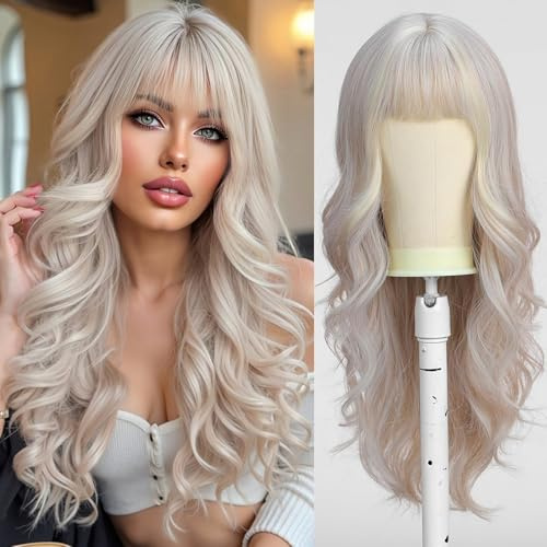 Esmee Lange Gewellt Synthet. Platinblond Perücke mit Pony für Damen- 26IN