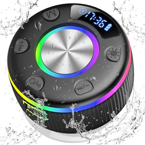 PRSCFUM Bluetooth Lautsprecher, Musikbox Portabler, Bluetooth 5.3 Box, IP7 wasserdichte Klein Lautsprecher mit Licht, Badezimmerlautsprecher mit Saugnapf, für Badezimmer, Party, Reisen (NEU)