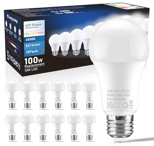 Konesky Glühbirne E27, 7W 806lm LED Lampe Ersetzt 60w Halogenlampe,Sparen Sie 90% Strom,15000H,Nichts Dimmbar,180° Abstrahlwinkel Energiesparlampe,6500k Kaltesweiß, A19 LED Leuchtmittel, 4 Stück