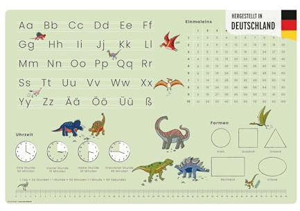 Pädagogische Schreibtischunterlage – Dino Dinosaurier – ABC & 1x1 – 60x40 cm – abwischbares Vinyl – von Lehrern zur Einschulung empfohlen, ergonomisches Schreibgefühl – Made in Germany