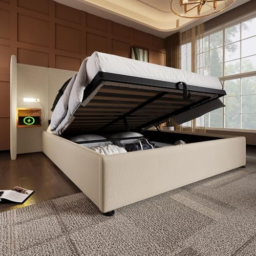 WIZBED Doppelbett 160x200, integriertes Kopfteil mit LED Nachtkommoden und USB, Polsterbett Bettanlage mit Stauraum und Lattenrost, Hydraulisch Stauraumbett, Beige, Leinen, Ohne Matratze