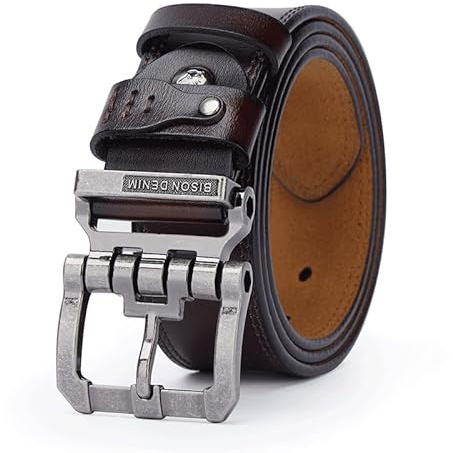 BISON DENIM Ceinture pour homme en cuir véritable classique Heavy Duty Boucle Ceinture décontractée pour jeans, Boucle argentée + ceinture marron, Länge 110cm Fit für Taille 33-36